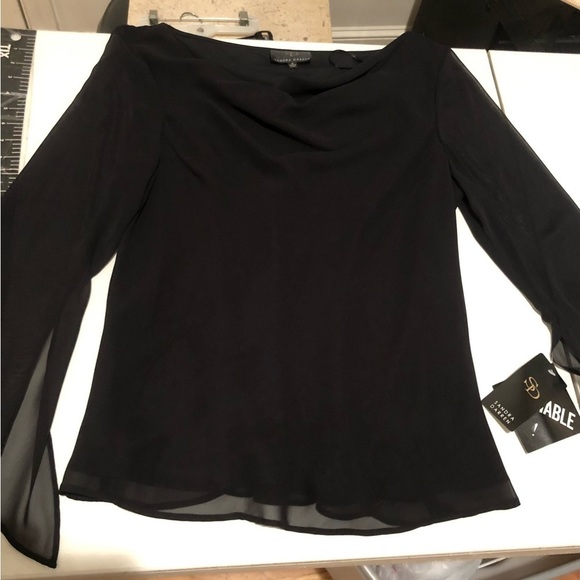 Sandra Darren  size large black dressy blouse draped neck semi sheer lined NWT - Picture 1 of 10